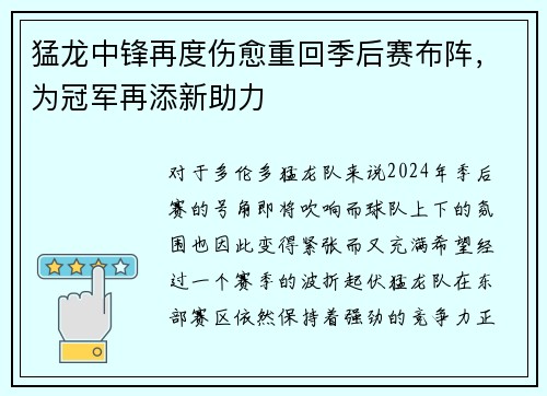 猛龙中锋再度伤愈重回季后赛布阵,为冠军再添新助力